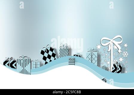 Luxury Gift boxes over winter blue background. 3D Illustration. Happy birthday, Christmas, New Year, Wedding or Valentine Day package concept. 3d illustration Stock Photo