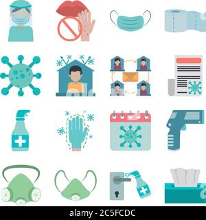 covid 19 coronavirus, prevention outbreak disease pandemic virus icons set vector illustration flat design icon Stock Vector
