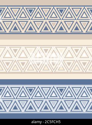 Three borders with fashion abstract geometrical pattern with  triangles. Seamless vector background. Set of 3 color variation. Stock Vector