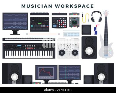 Musician workspace, set of elements. Musician's working digital equipment, musical instrument, computer, software. Vector illustration. Stock Vector