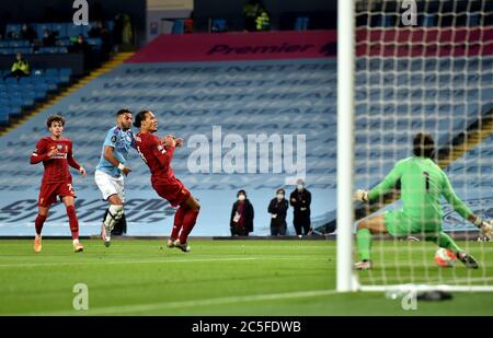 Manchester City's Riyad Mahrez scores his side's fifth goal of the game before it is ruled out by VAR for an earlier hand ball during the Premier League match at the Etihad Stadium, Manchester. Stock Photo