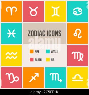 Zodiac signs in flat style. Set of colorful square icons.  Vector illustration. Stock Vector