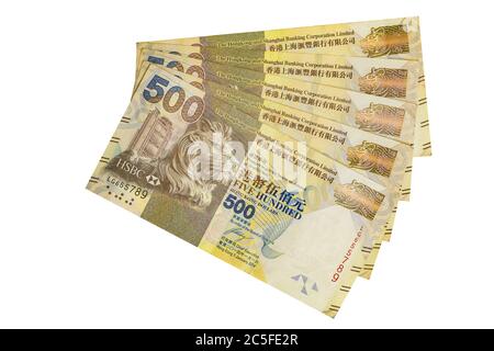 Five hundred Hong Kong money bank notes isolated on white. Stock Photo