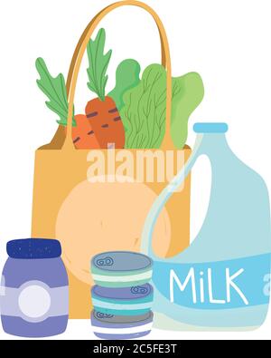 milk bag carrot lettuce, food delivery in grocery store vector illustration Stock Vector