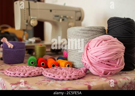 Sewing kit and colorful threads Stock Photo