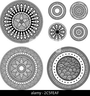 Set of design elements - patterned circles. Black and white, vector illustration. Stock Vector