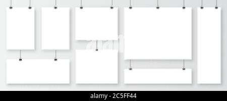 Realistic blank paper sheets hanging on binder clip. White vector poster with shadow in A4 format. Design template, mockup. Stock Vector