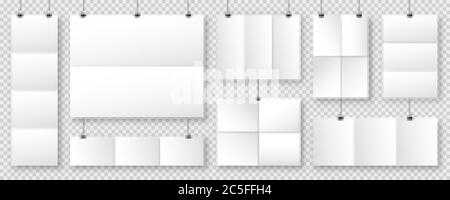 Realistic blank paper sheets hanging on binder clip. White vector poster with shadow in A4 format. Design template, mockup. Stock Vector