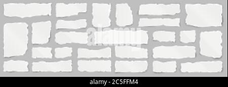 Ripped paper strips. Realistic crumpled paper scraps with torn edges. Shreds of notebook pages. Vector illustration. Stock Vector