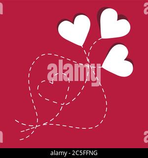 red heart air balloon flying in the blue sky with clouds. Flat cartoon ...