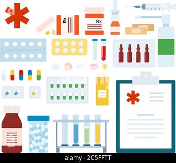Set of Medicament flat vector illustration. Stock Vector