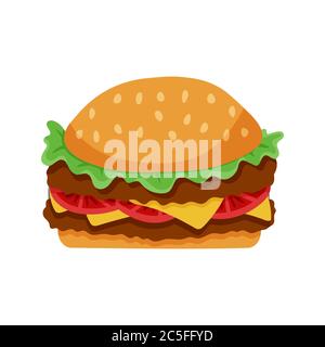 Double meat hamburger isolated Illustration. Trendy flat style for graphic design, web-site. Stock Vector