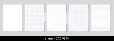 Realistic blank lined paper sheet with shadow in A4 format. Notebook or book page. Design template or mockup. Vector illustration. Stock Vector