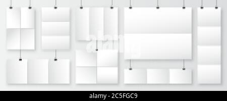 Realistic blank paper sheets hanging on binder clip. White vector poster with shadow in A4 format. Design template, mockup. Stock Vector