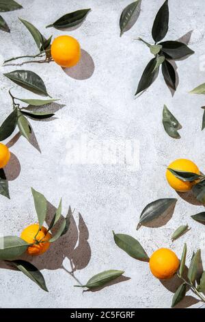 Whole oranges with orange tree leaves on white background with space for text. top view, flat lay, summer and healthy concept. Mockup Stock Photo