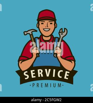 Service, repair logo. Builder with tools in hands vector illustration Stock Vector