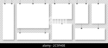 Realistic blank paper sheets hanging on binder clip. White vector poster with shadow in A4 format. Design template, mockup. Stock Vector