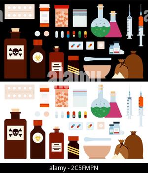 Medicine and Drugs Set vector flat icons. Isolated on white and black Stock Vector