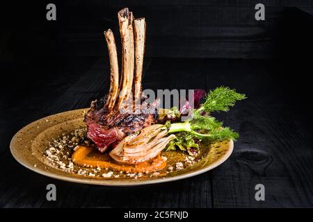 Gourmet Main Entree Course Grilled rack of lamb Stock Photo