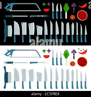 Set of knives. on light background. Chef's knife, santoku, bread knife, meat cleaver, chinese shopper, steak and butcher knife. Kitchen accessories Stock Vector