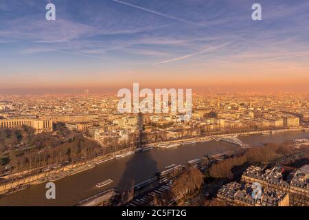 Paris France famous Eiffel Tower view during sunset from top of tower to city landmark Stock Photo