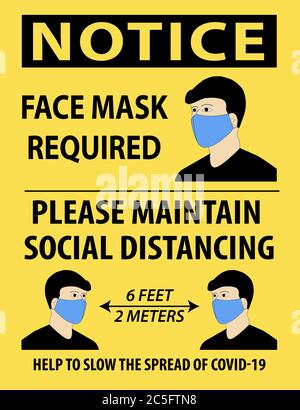 Vector illustration of Notice, Face Mask Required, Please Maintain Social Distancing, with a person wear a mask. Stock Vector