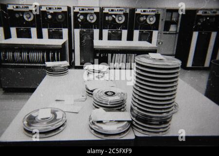 Fine 70s vintage black and white lifestyle photography of a huge mainframe cpu central processing unit. Stock Photo