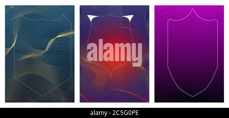 Abstract background with dynamic waves and shields. Modern colored protection banner, book cover template design. Trendy Stock Vector
