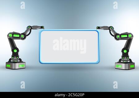 Blank poster supported by the robotic arms Stock Photo