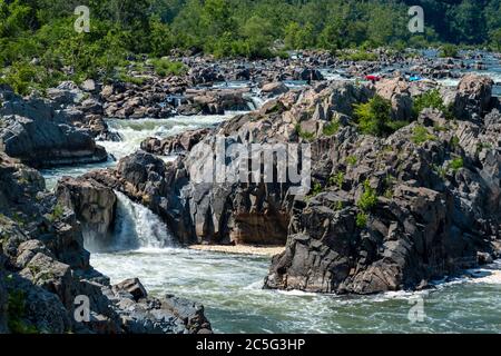 Jagged rocks, breathtaking views,  and the dangerous white waters of the Potomac River at the Great Falls Park in McLean, Fairfax County, Virginia. Stock Photo