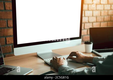 Close up of hands contemporary website developer man typing and writing code for program website. Stock Photo