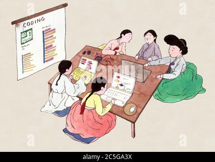Korean retro pop art style, traditional education concept illustration 011 Stock Vector