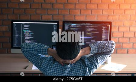 Software developers are relaxing from the hard work at his office. Stock Photo