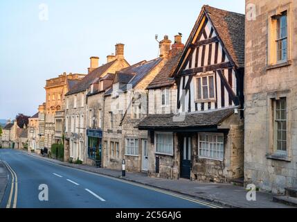 Westhaven House. Painswick 15th century Timber framed house at sunrise. New Street, Painswick, Cotswolds, Gloucestershire, England Stock Photo