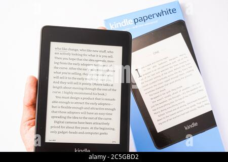 Amazon Kindle Paperwhite 2019 is Amazon e-book reader that is lightweight and waterproof Stock Photo