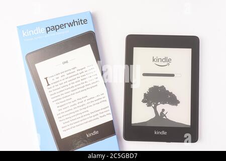 Amazon Kindle Paperwhite 2019 is Amazon e-book reader that is lightweight and waterproof Stock Photo