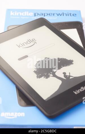 Amazon Kindle Paperwhite 2019 is Amazon e-book reader that is lightweight and waterproof Stock Photo