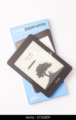 Amazon Kindle Paperwhite 2019 is Amazon e-book reader that is lightweight and waterproof Stock Photo
