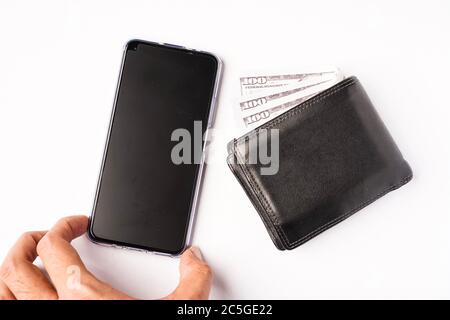 A wallet and handphone isolated on white. Concept for ewallet or