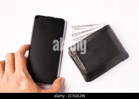 A wallet and handphone isolated on white. Concept for ewallet or