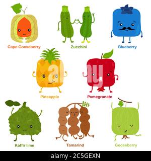 Cute vector of square shaped smiling fruit, vegetable with happy face - Pineapple Pomegranate Cape Gooseberry Zucchini Gooseberry Blueberry Kaffir lim Stock Vector