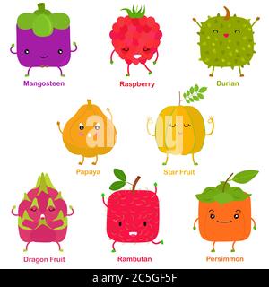 Cute vector of square shaped smiling fruit, vegetable with happy face - Star Fruit Raspberry Durian Dragon Fruit Persimmon Mangosteen Papaya Rambutan. Stock Vector