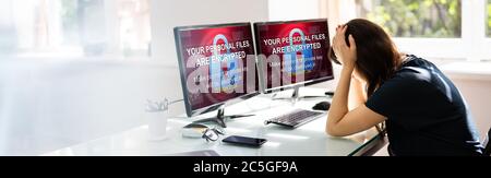 Ransomware Cyber Attack. Encrypted Files Text Screen Stock Photo