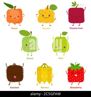 Cute vector of square shaped smiling fruit, vegetable with happy face - Peach Quince Passion fruit Pear Guava Coconut Banana Strawberry. Colorful set Stock Vector