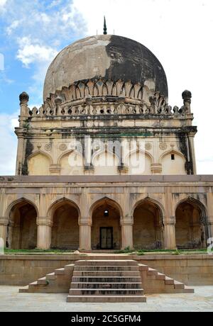 The Qutb Shahi Tombs are located in the Ibrahim Bagh, close to the famous Golconda Fort in Hyderabad, India. They contain the tombs and mosques built Stock Photo