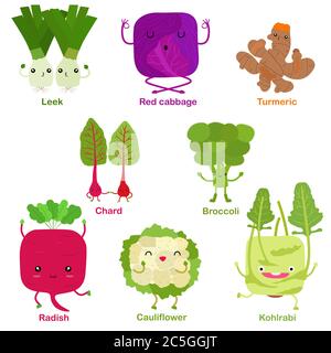 Cute vector of square shaped smiling fruit, vegetable with happy face - Leek Red cabbage Turmeric Broccoli Cauliflower Chard Kohlrabi Radish. Colorful Stock Vector