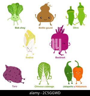 Cute vector of square shaped smiling fruit, vegetable with happy face - Bok choy Okra Beetroot Bottle gourd Taro Endive Chinese cabbage Jalapeno Haban Stock Vector