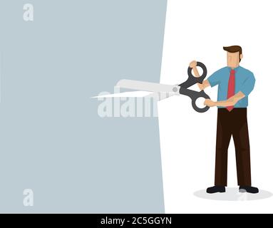 Man holding a giant scissor cutting across the paper. Concept of price cut, discount, tax cut or promotion offer. Vector illustration. Stock Vector