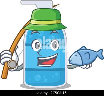 Cartoon design style of hand wash gel goes to fishing Stock Vector