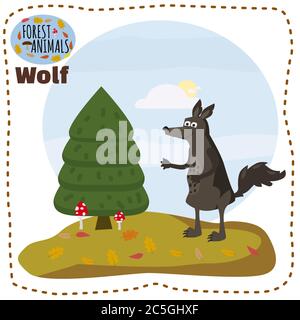 Cute cartoon wolf on background landscape forest illustration, vector, isolated Stock Vector